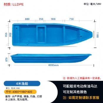 4米塑料漁船水產養(yǎng)殖塑料漁船雙層加厚牛筋農家樂專用漁船