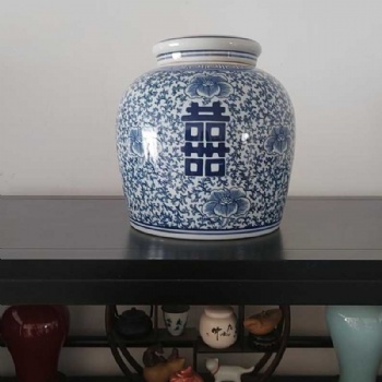 青花喜字罐，景德鎮陶瓷花瓶，插花花瓶，陶瓷罐子